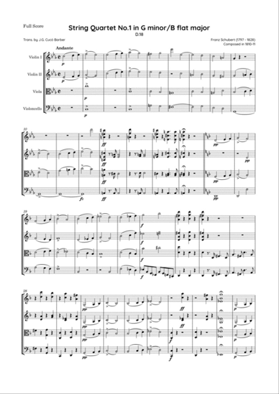 Schubert - String Quartet No.1 in G minor/B flat major, D.18 String Quartet scores gallery preview page 2
