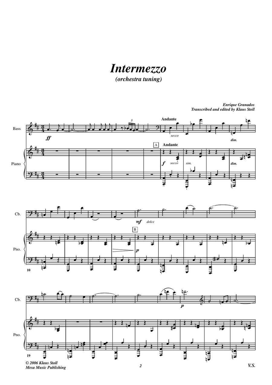 Enrique Granados, Intermezzo, transcribed and edited by Klaus Stoll Double Bass scores gallery preview page 2