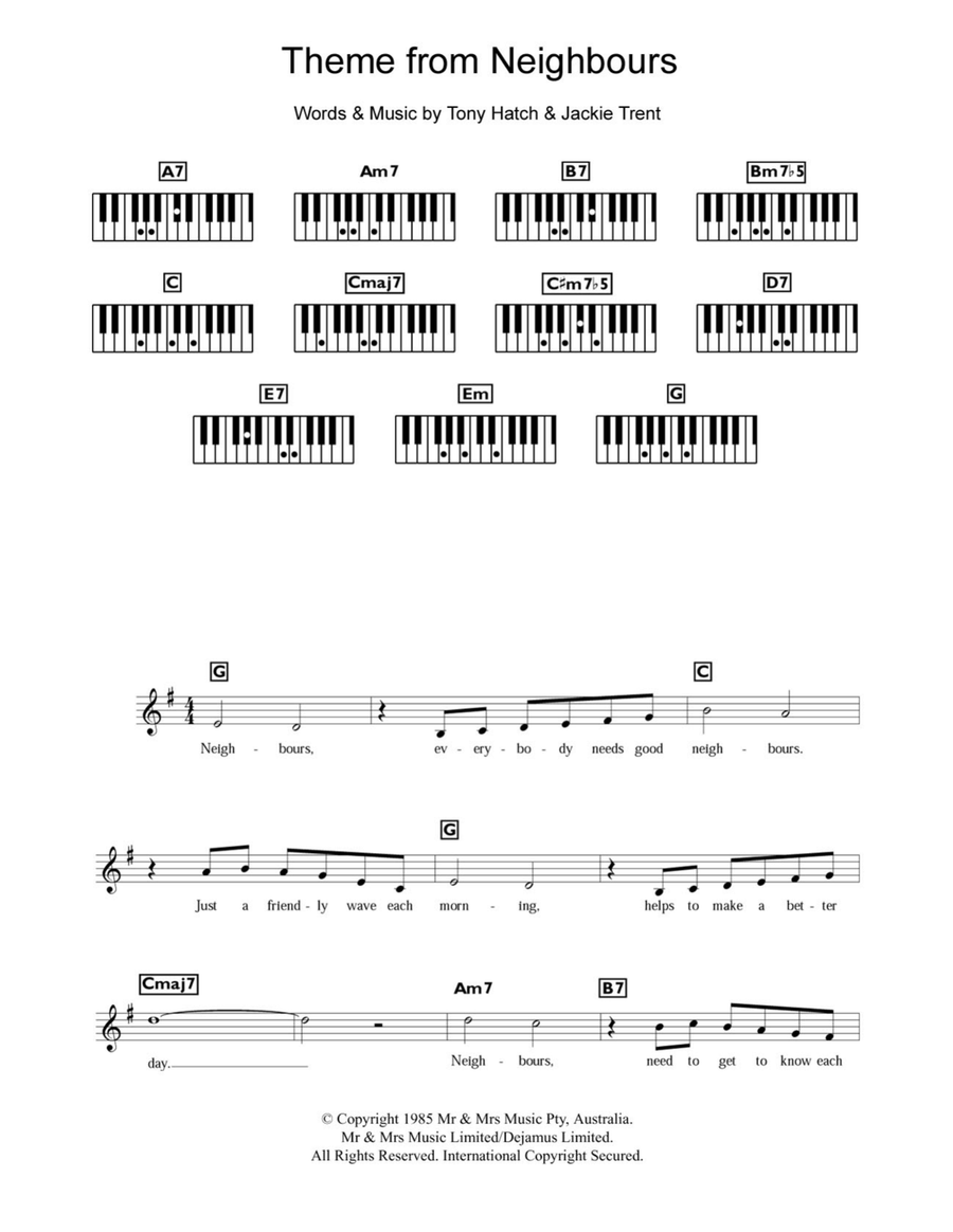Theme From Neighbours Piano scores gallery preview page 1