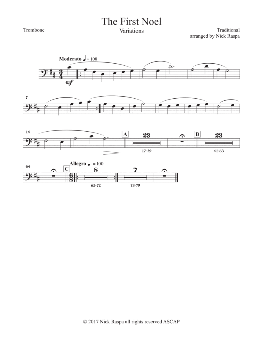 The First Noel (Variations for Full Orchestra) Trombone part