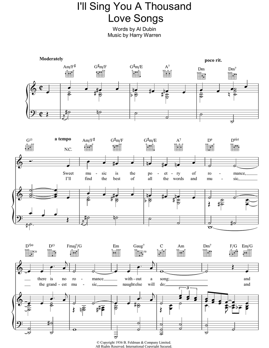 I'll Sing You A Thousand Love Songs Piano, Vocal, Guitar scores gallery preview page 1
