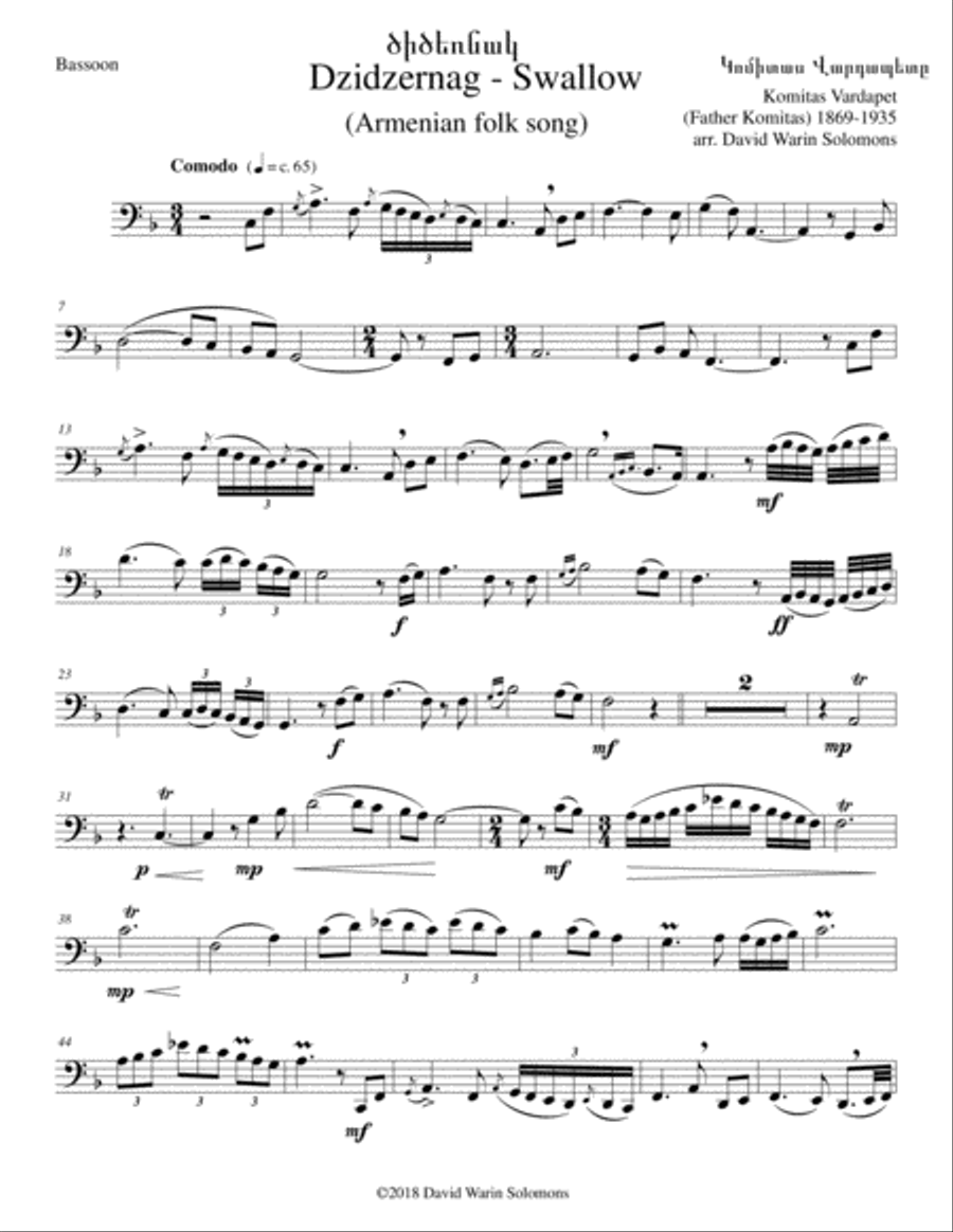 Swallow ԾԻԾԵՌՆԱԿ (Dzidzernag) arranged for bassoon and guitar Bassoon scores gallery preview page 4