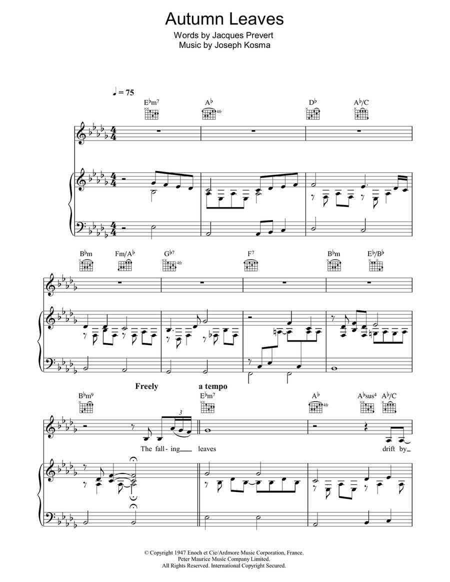 Autumn Leaves (Les Feuilles Mortes) Piano, Vocal, Guitar scores gallery preview page 1