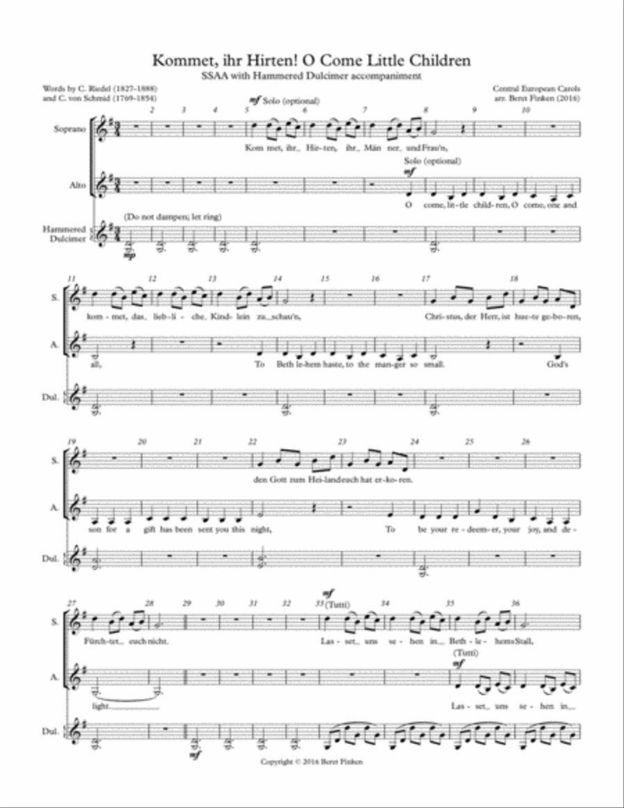 Kommet, ihr Hirten! O Come Little Children (SSAA, Hammered Dulcimer) SSAA scores gallery preview page 1