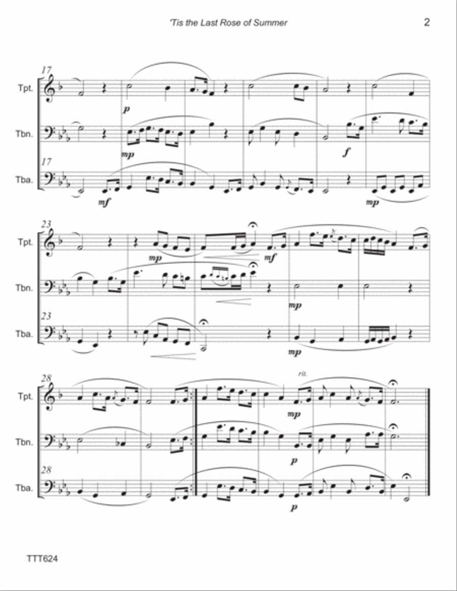 THE LAST ROSE OF SUMMER - Trumpet, Trombone & Tuba (unaccompanied) Brass Ensemble scores gallery preview page 2
