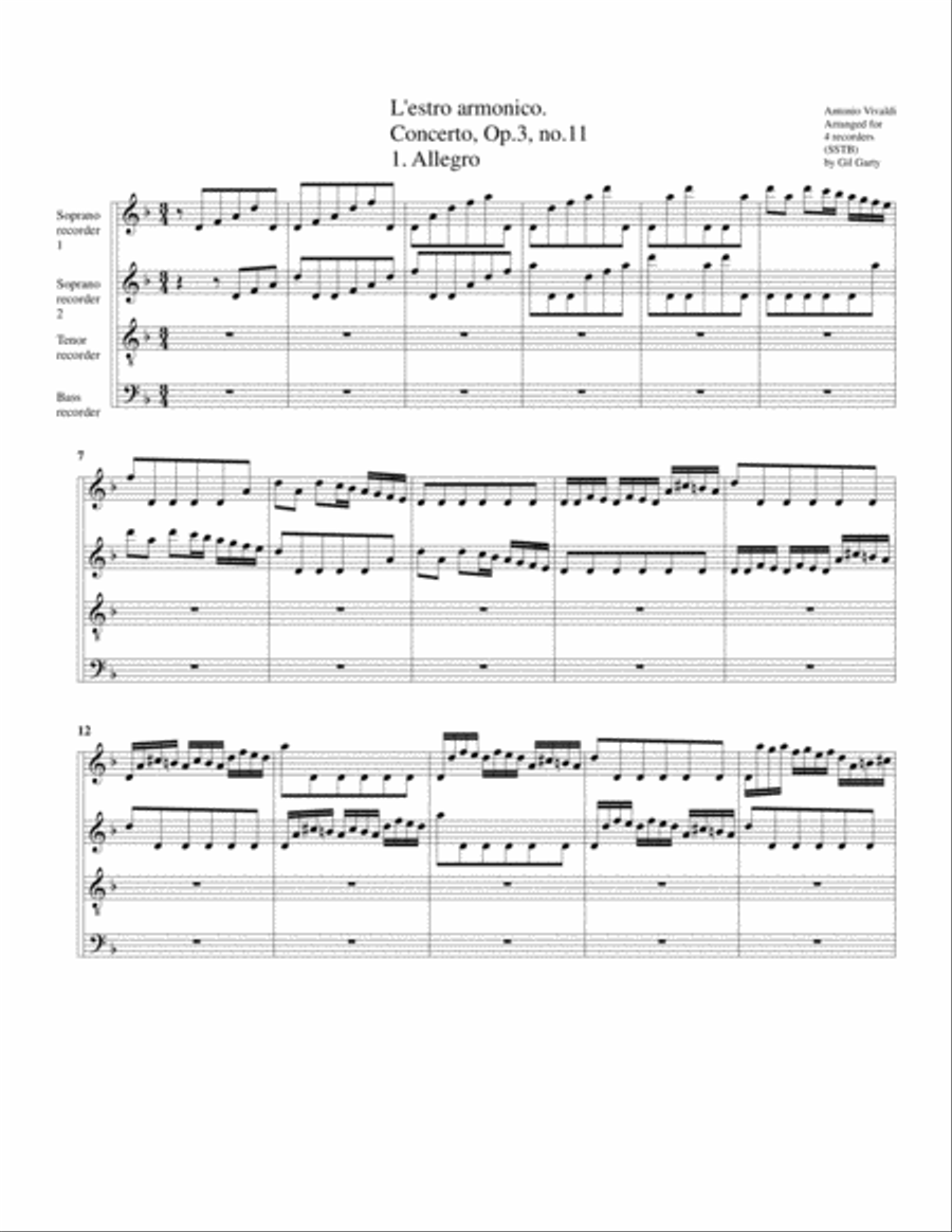 Concerto grosso, Op.3, no.11 (arrangement for 4 recorders) Recorder scores gallery preview page 1