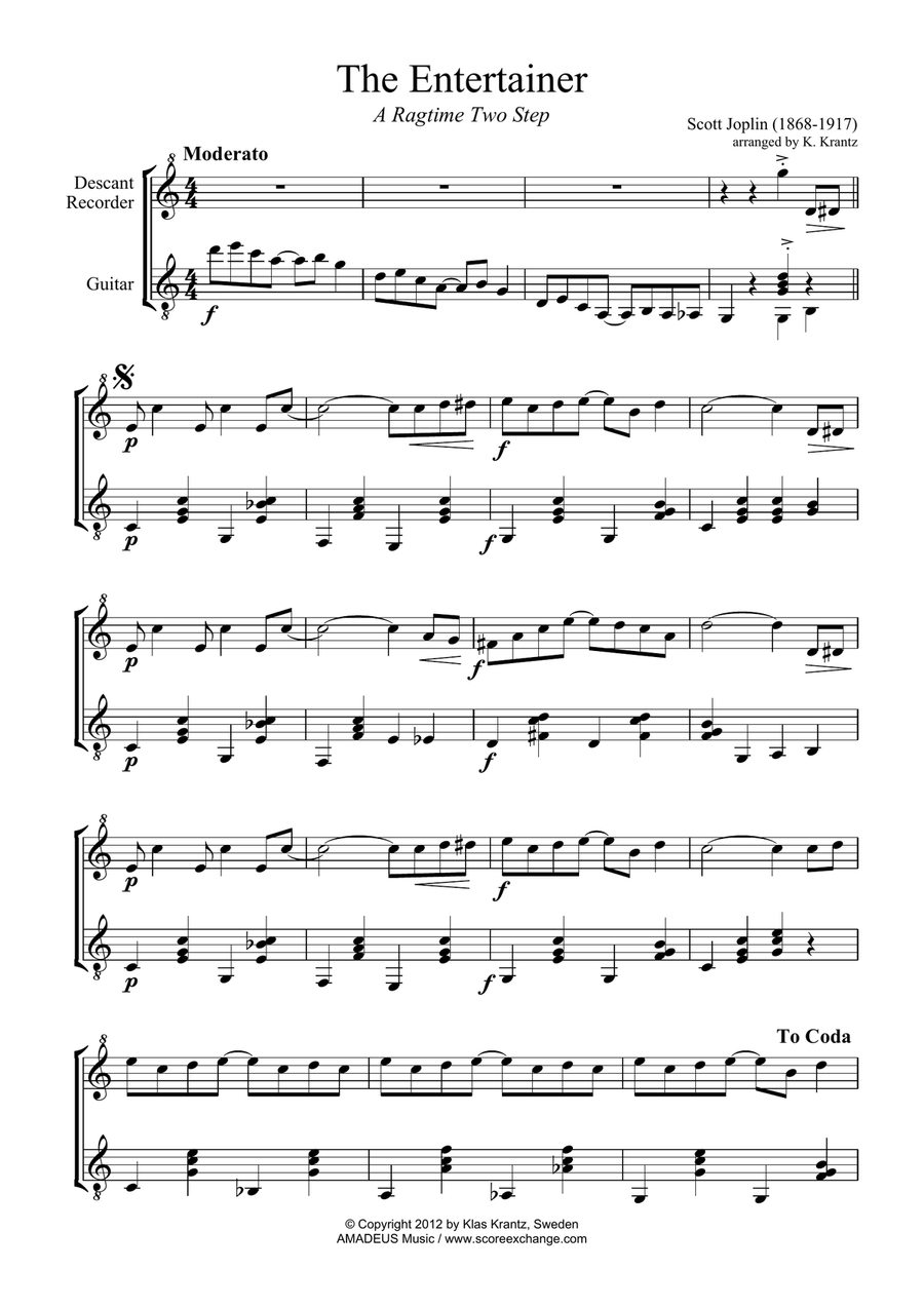 The Entertainer, Ragtime (easy, abridged) for descant recorder and guitar Small Ensemble scores gallery preview page 1