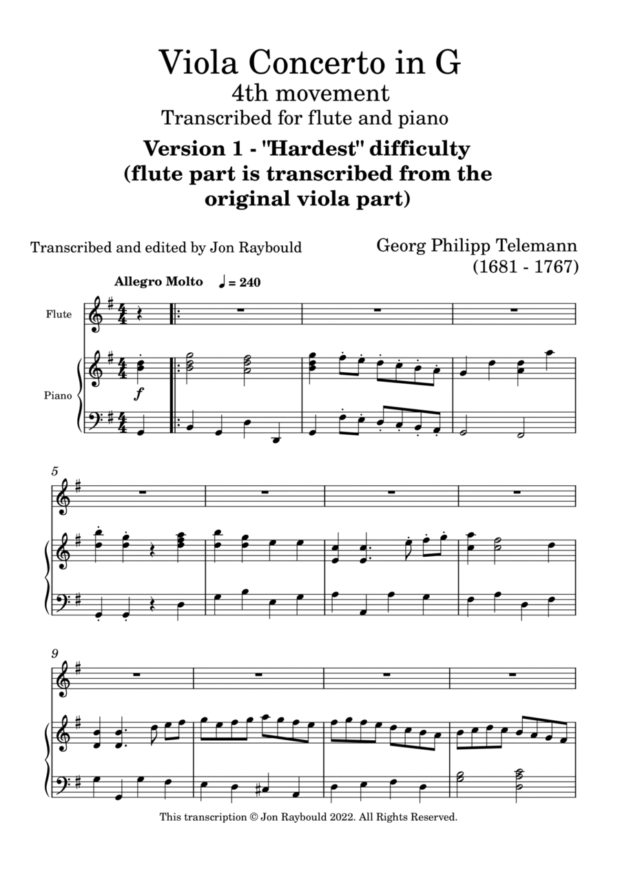 Telemann Viola Concerto (4th Movement) for flute and piano Flute Solo scores gallery preview page 1