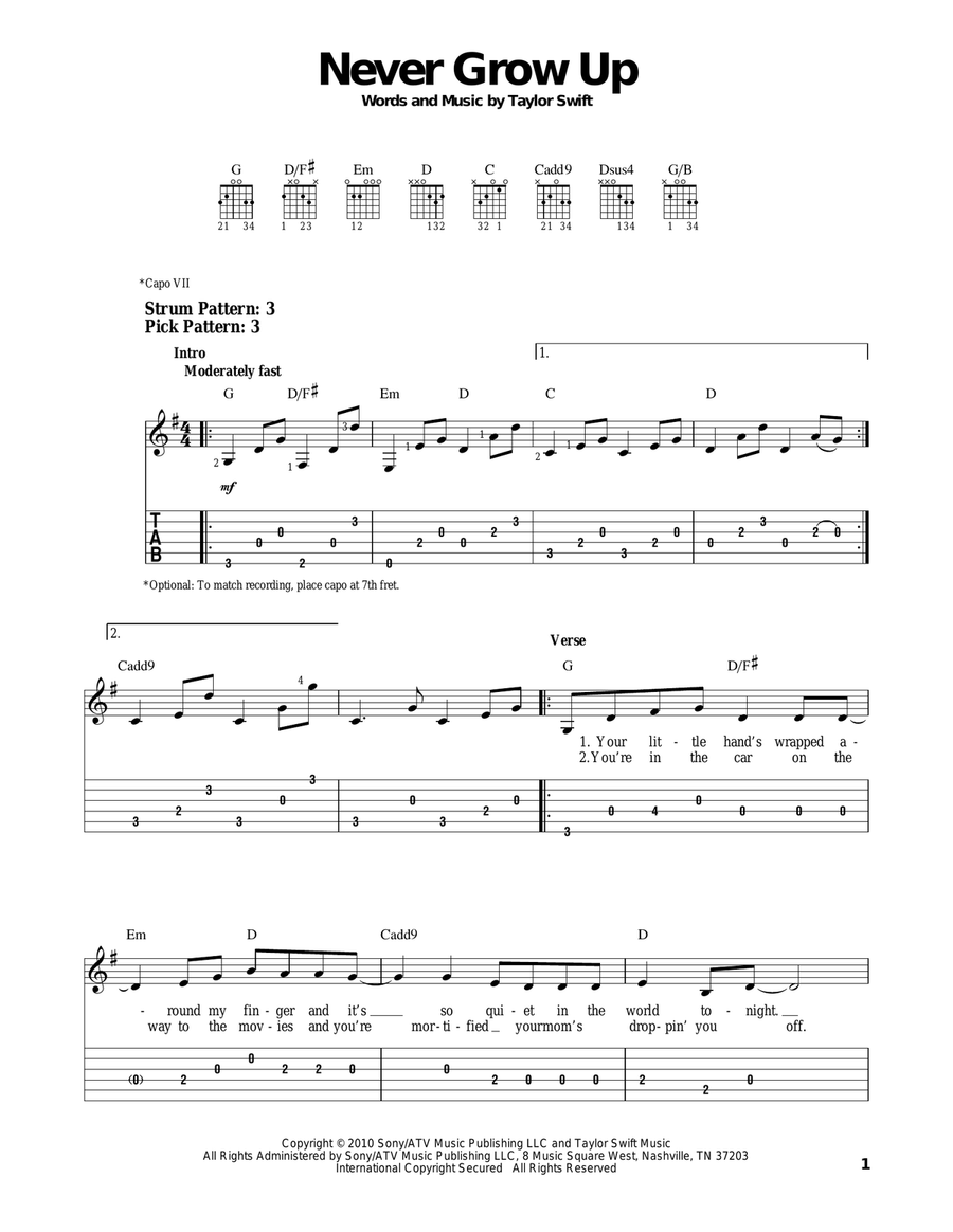 Never Grow Up Acoustic Guitar scores gallery preview page 1