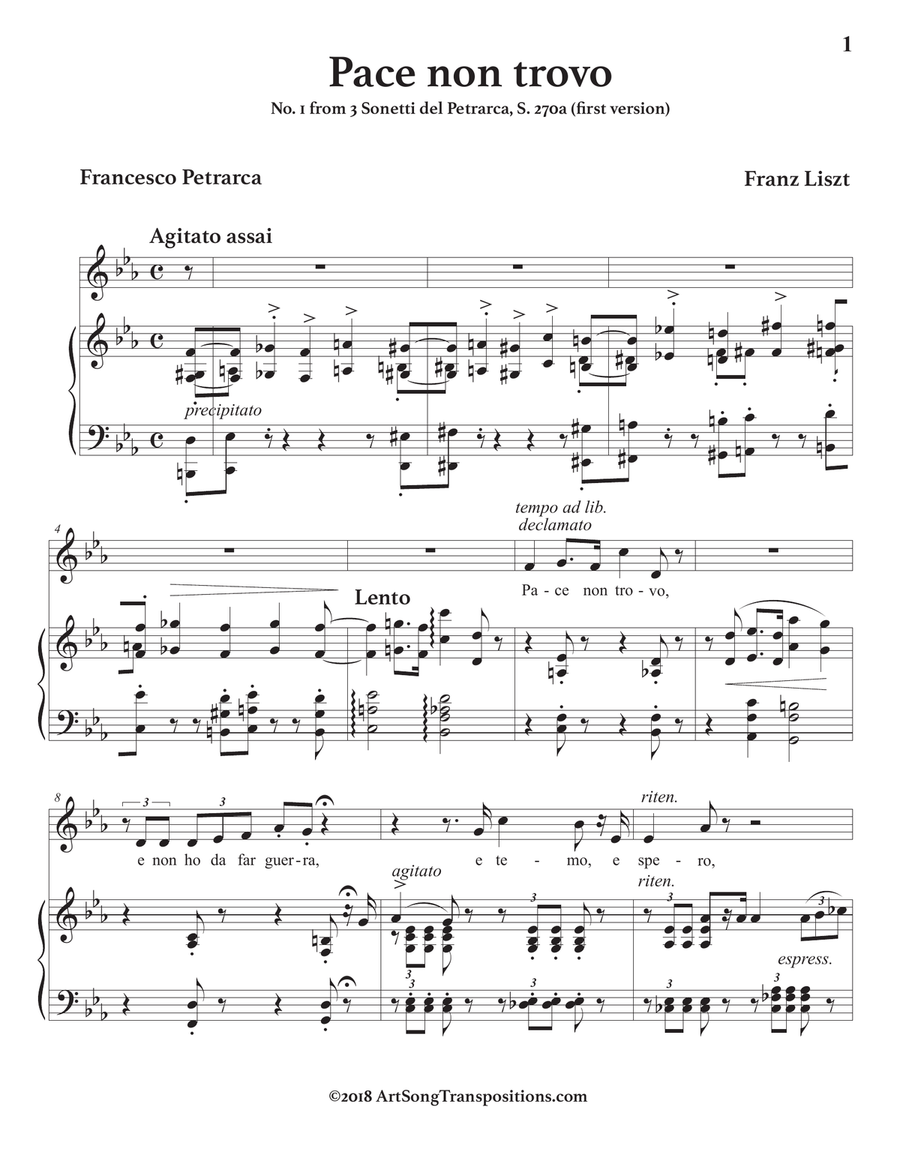 LISZT: Pace non trovo, S. 270 (first version, transposed to E-flat major) Piano, Vocal scores gallery preview page 2
