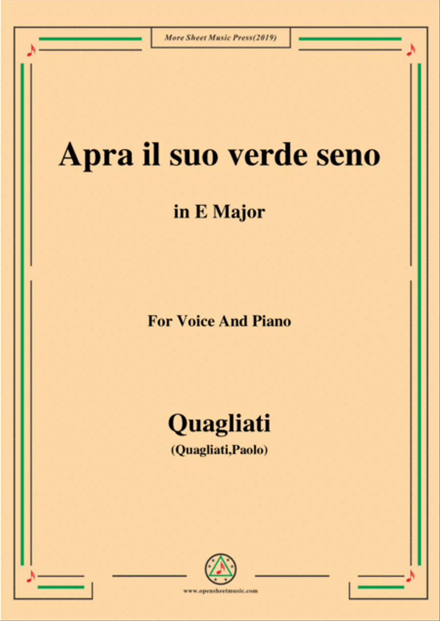 Quagliati-Apra il suo verde seno,from 'Il Carro di fedeltà d'amore',in E Major,for Voice and Piano Voice Solo scores gallery preview page 1