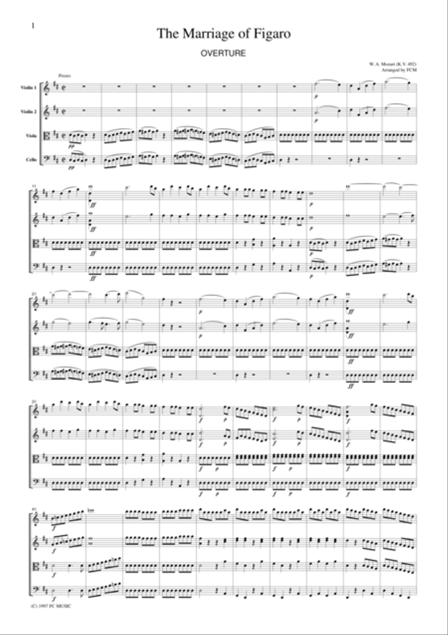 Mozart Overture to The Marriage of Figaro, for string quartet, CM003 String Quartet scores gallery preview page 1