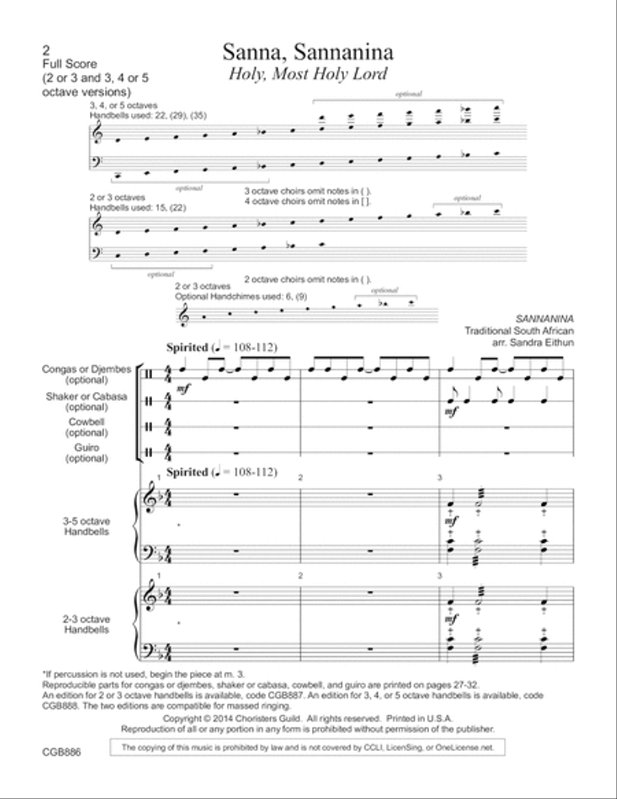 Sanna, Sannanina (Holy, Most Holy Lord) - Full Score Handbell Choir scores gallery preview page 2