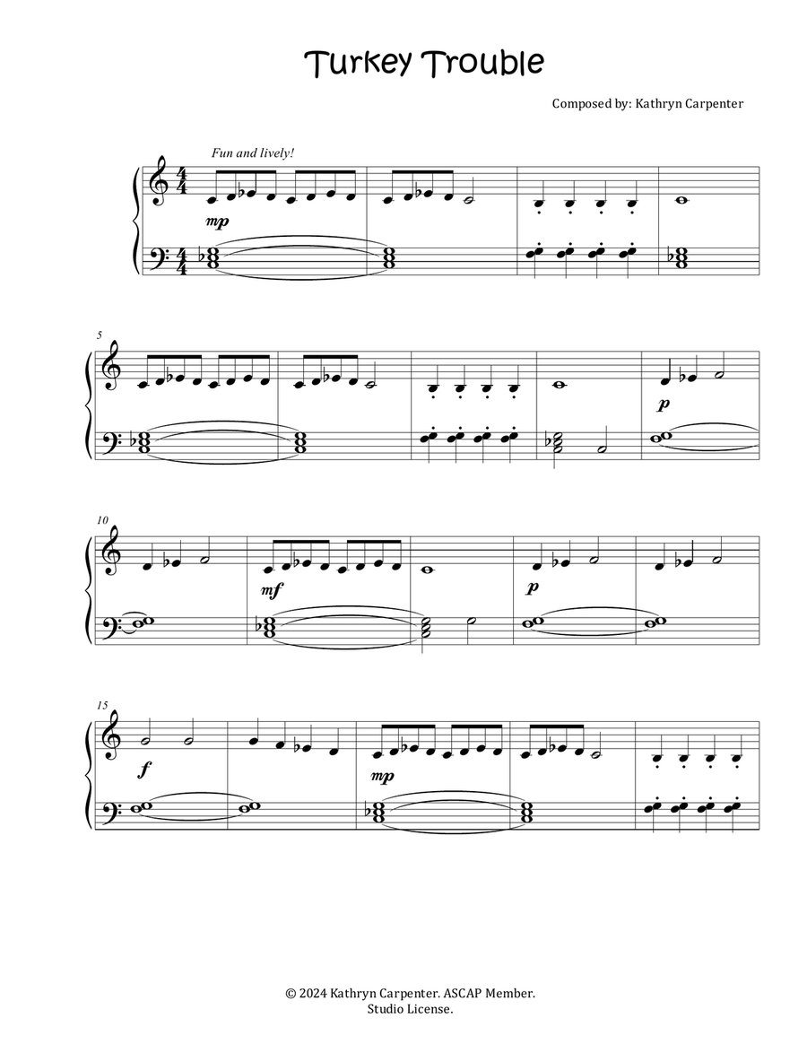 Turkey Trouble (Easy Piano, Thanksgiving Piece) Piano Method scores gallery preview page 1