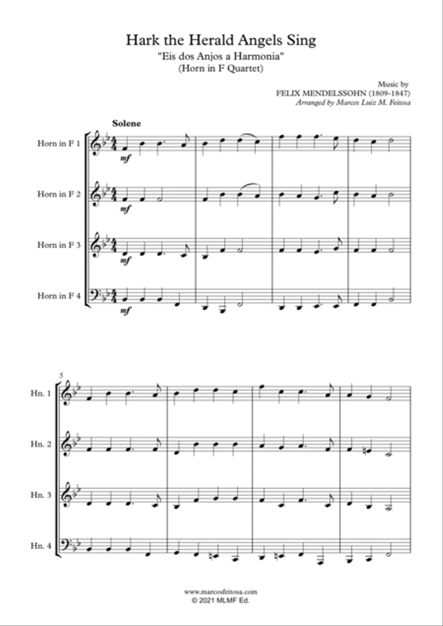Hark The Herald Angels Sing (Eis dos Anjos a Harmonia) - Horn in F Quartet French Horn Quartet scores gallery preview page 3