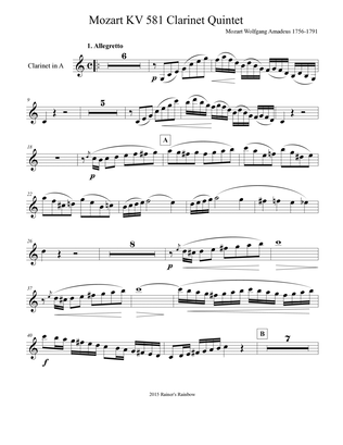 Book cover for Mozart Clarinet Quintet Part For A Clarinet With Easy Page Turns