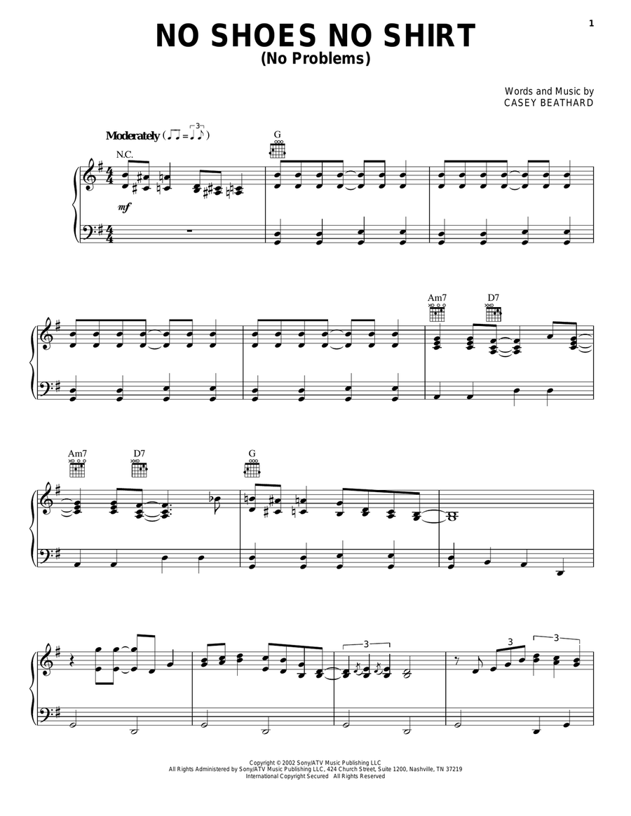 No Shoes No Shirt (No Problems) Piano, Vocal, Guitar scores gallery preview page 1