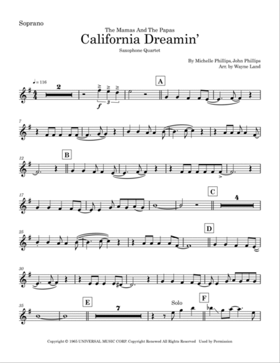 California Dreamin' California Dreamin' Saxophone Quartet scores gallery preview page 6
