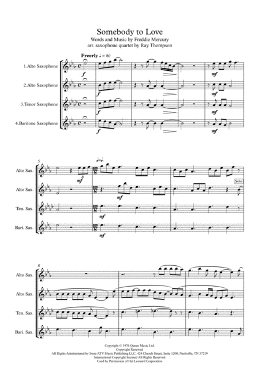 Somebody To Love Saxophone Quartet scores gallery preview page 1