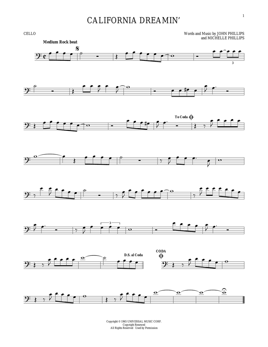 California Dreamin' California Dreamin' Cello Solo scores gallery preview page 1