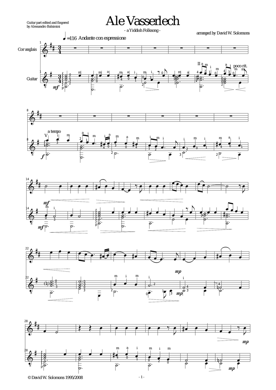 Ale Vasserlech (All the waters flow away) for cor anglais and guitar English Horn scores gallery preview page 1