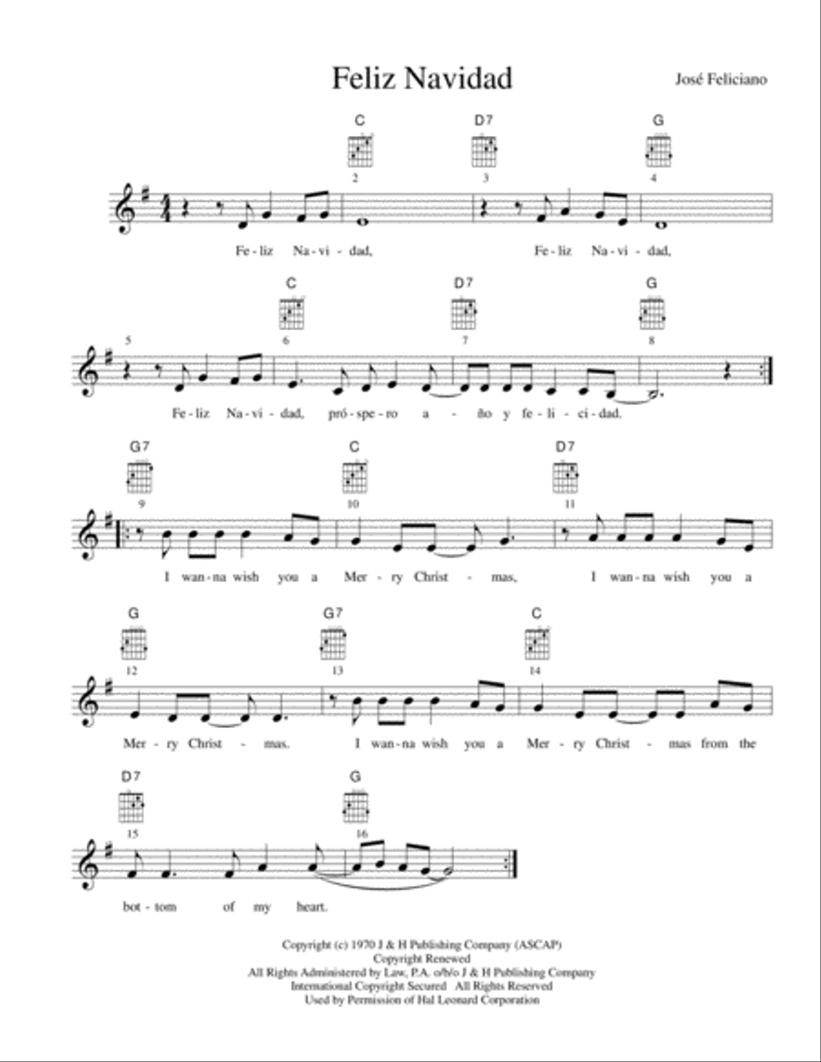 Feliz Navidad Piano, Vocal, Guitar scores gallery preview page 1