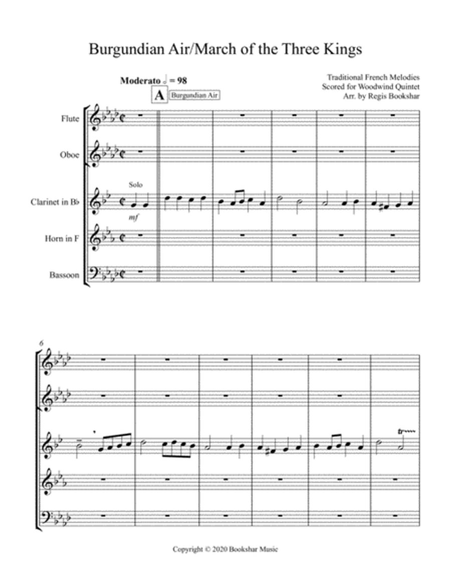 Burgundian Air/March of the Three Kings (Woodwind Quintet - 1 Flute, 1 Oboe, 1 Clar, 1 Hrn, 1 Bassoo