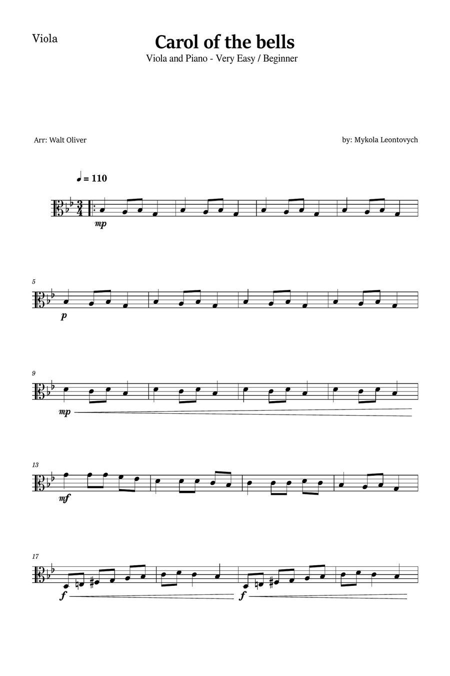 Carol of the Bells for Viola and Piano (Very Easy - Beginner) in G minor - With Chords Piano scores gallery preview page 4