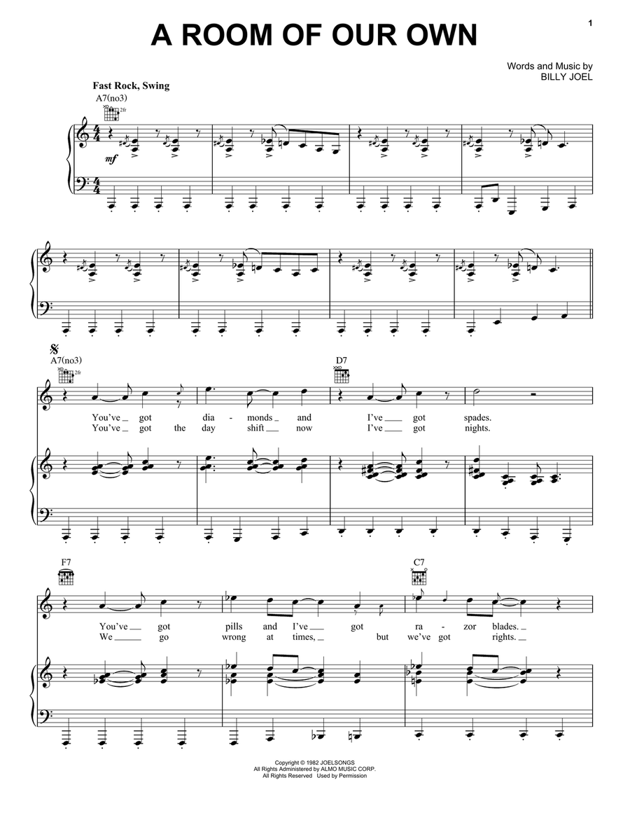 A Room Of Our Own Piano, Vocal, Guitar scores gallery preview page 1