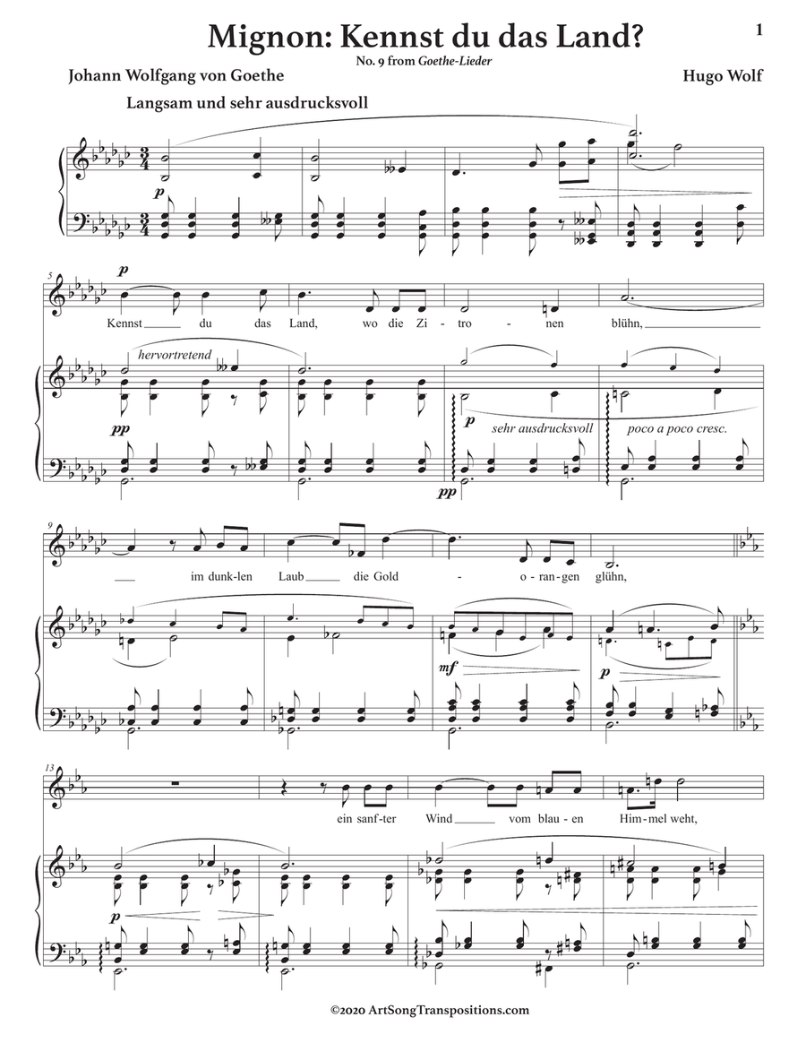 WOLF: Mignon: Kennst du das Land? (transposed to G-flat major) Piano, Vocal scores gallery preview page 2