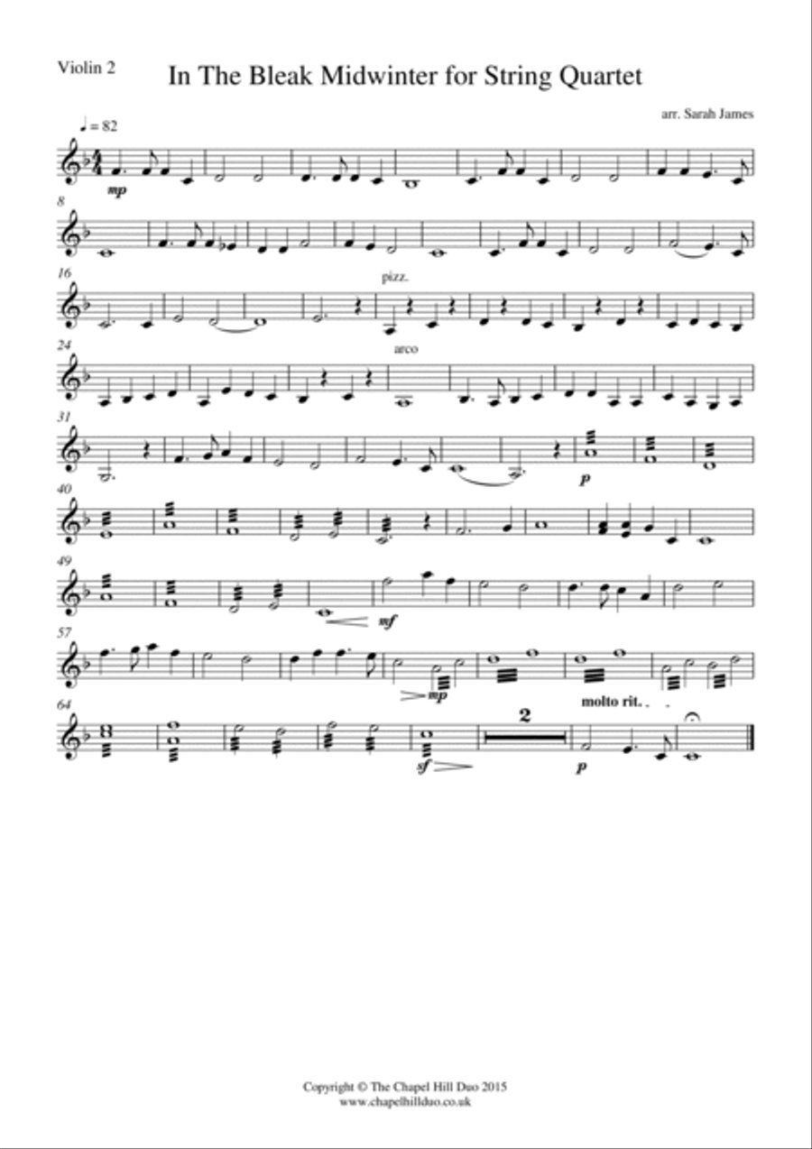 In the Bleak Midwinter for String Quartet - Full Length arrangement by the Chapel Hill Duo String Quartet scores gallery preview page 3