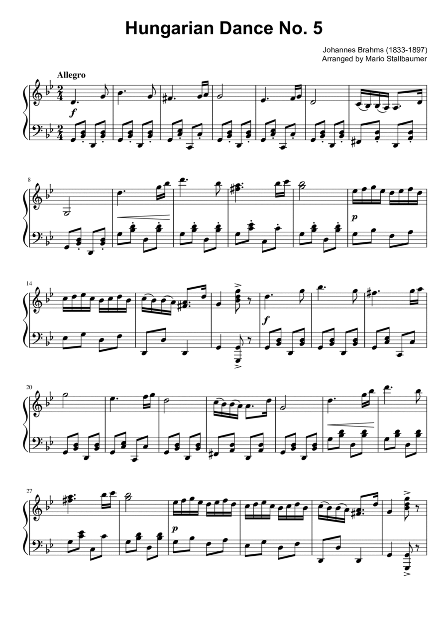 Hungarian Dance No. 5 - Piano Solo (G minor) Piano Solo scores gallery preview page 1