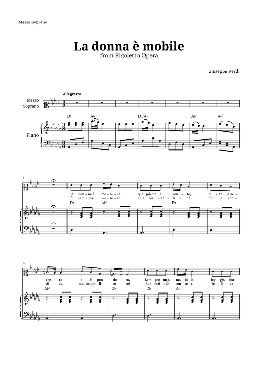 La donna è mobile in D-flat major for Mezzo Soprano and Piano Piano, Vocal scores gallery preview page 1