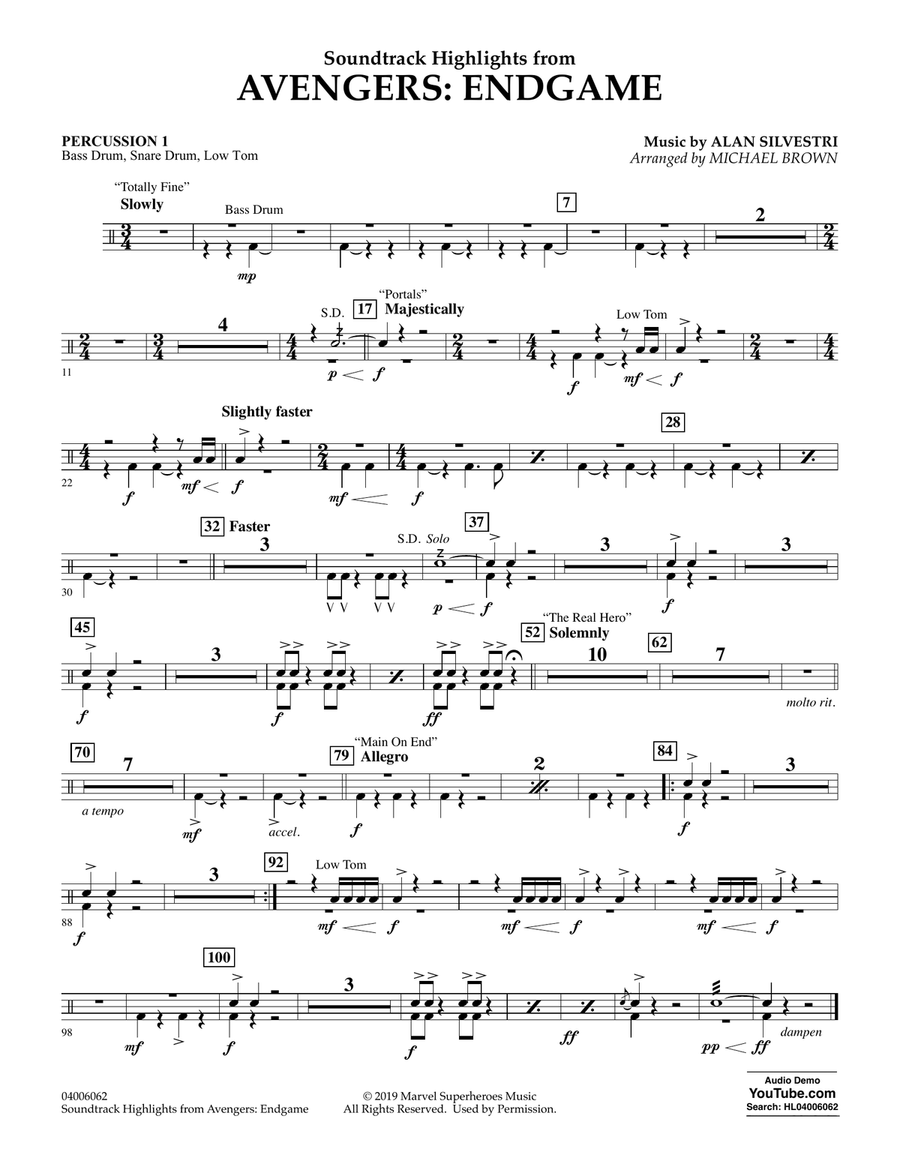 Soundtrack Highlights from Avengers: Endgame (arr. Michael Brown) - Percussion 1 Concert Band scores gallery preview page 1