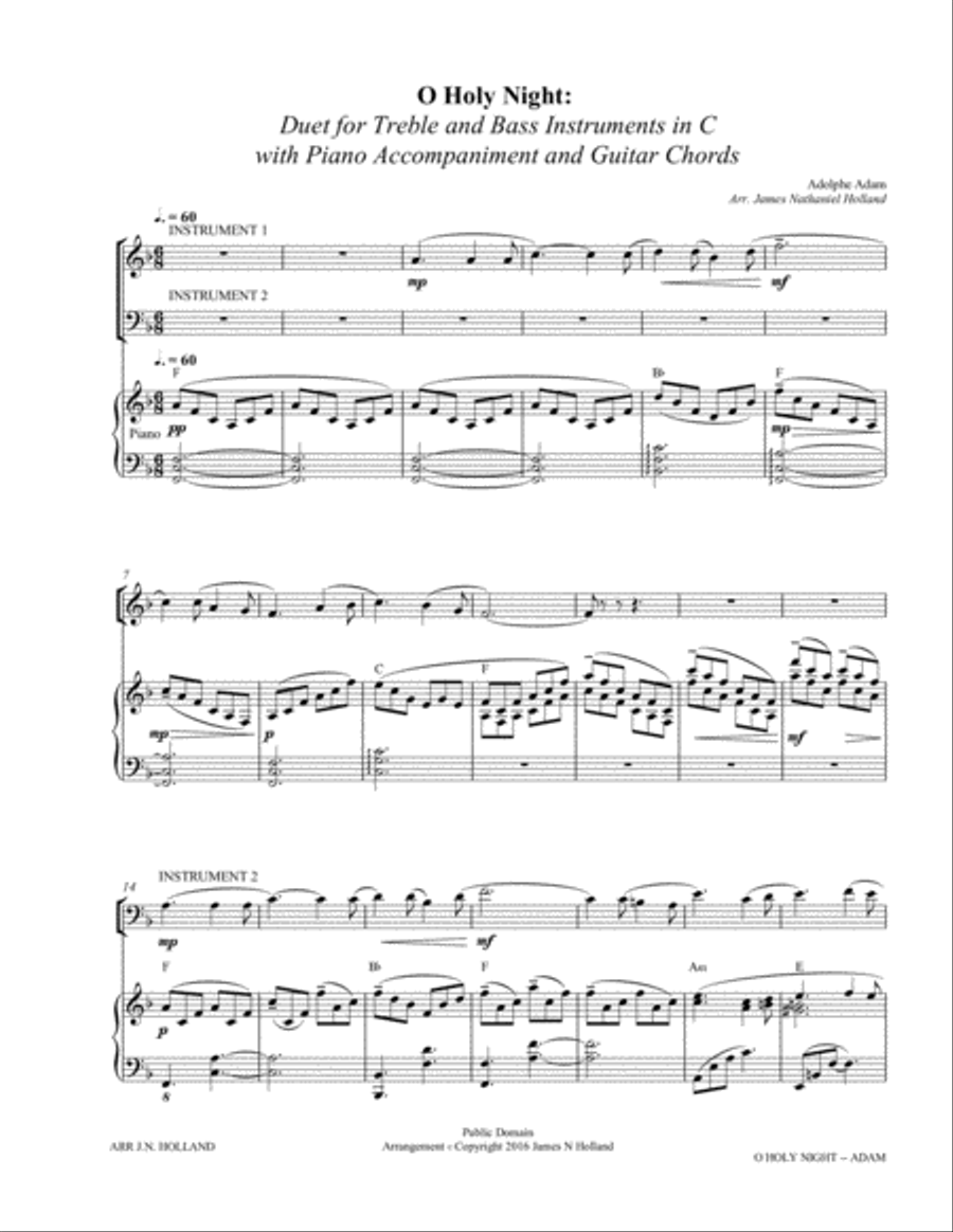 O Holy Night (Cantique de Noel) Adolphe Adam Duet for Treble and Bass Instruments in C String Duet scores gallery preview page 3