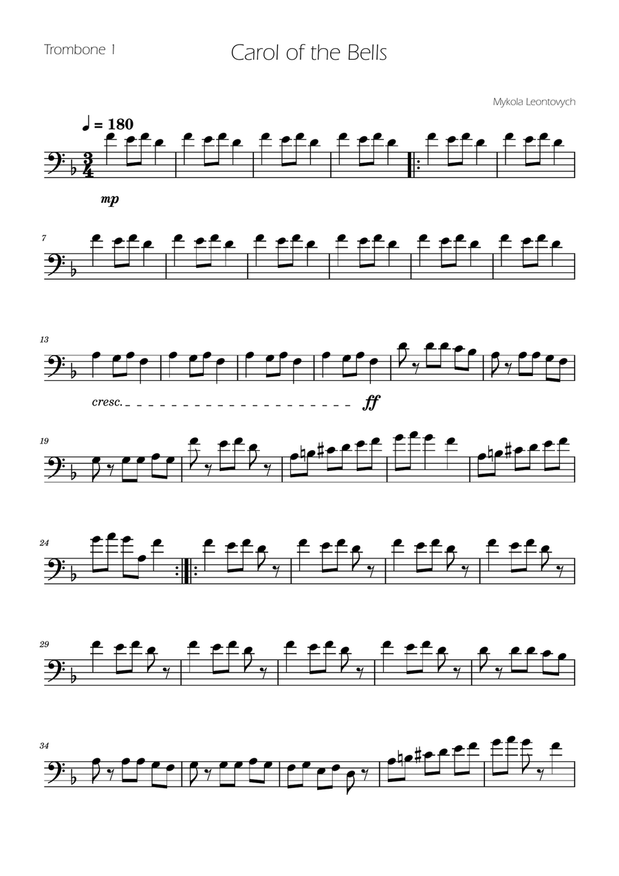 Carol of The Bells - Trombone and Euphonium Duet Brass Duet scores gallery preview page 5