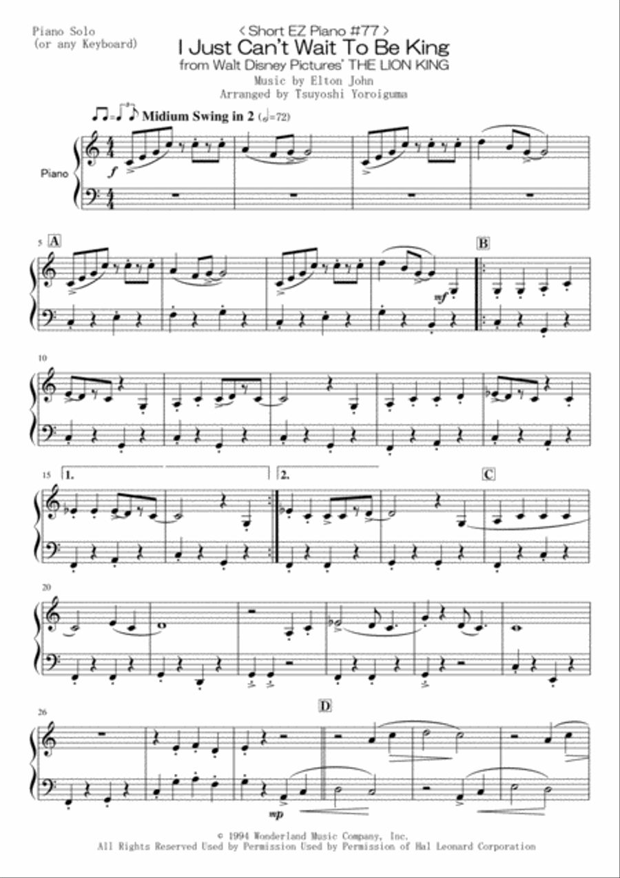 I Just Can't Wait To Be King Easy Piano scores gallery preview page 1