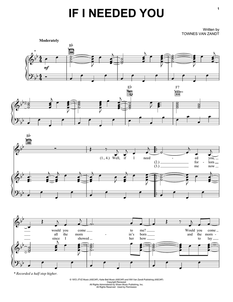 If I Needed You Piano, Vocal, Guitar scores gallery preview page 1