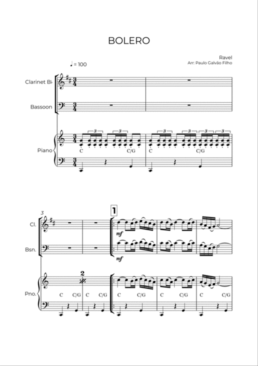 BOLERO - RAVEL - WIND PIANO TRIO (CLARINET, BASSOON & PIANO) Bassoon scores gallery preview page 2
