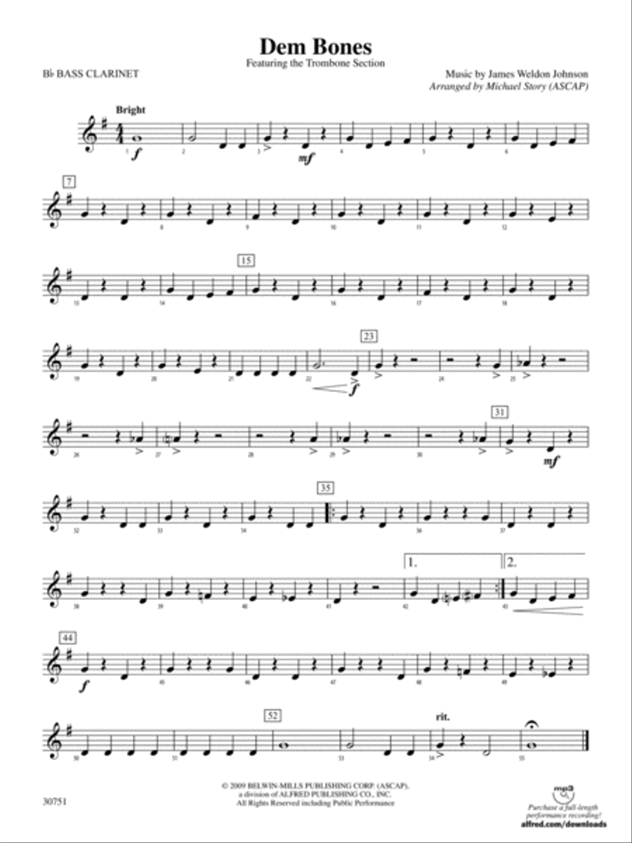 Dem Bones: B-flat Bass Clarinet Concert Band scores gallery preview page 1