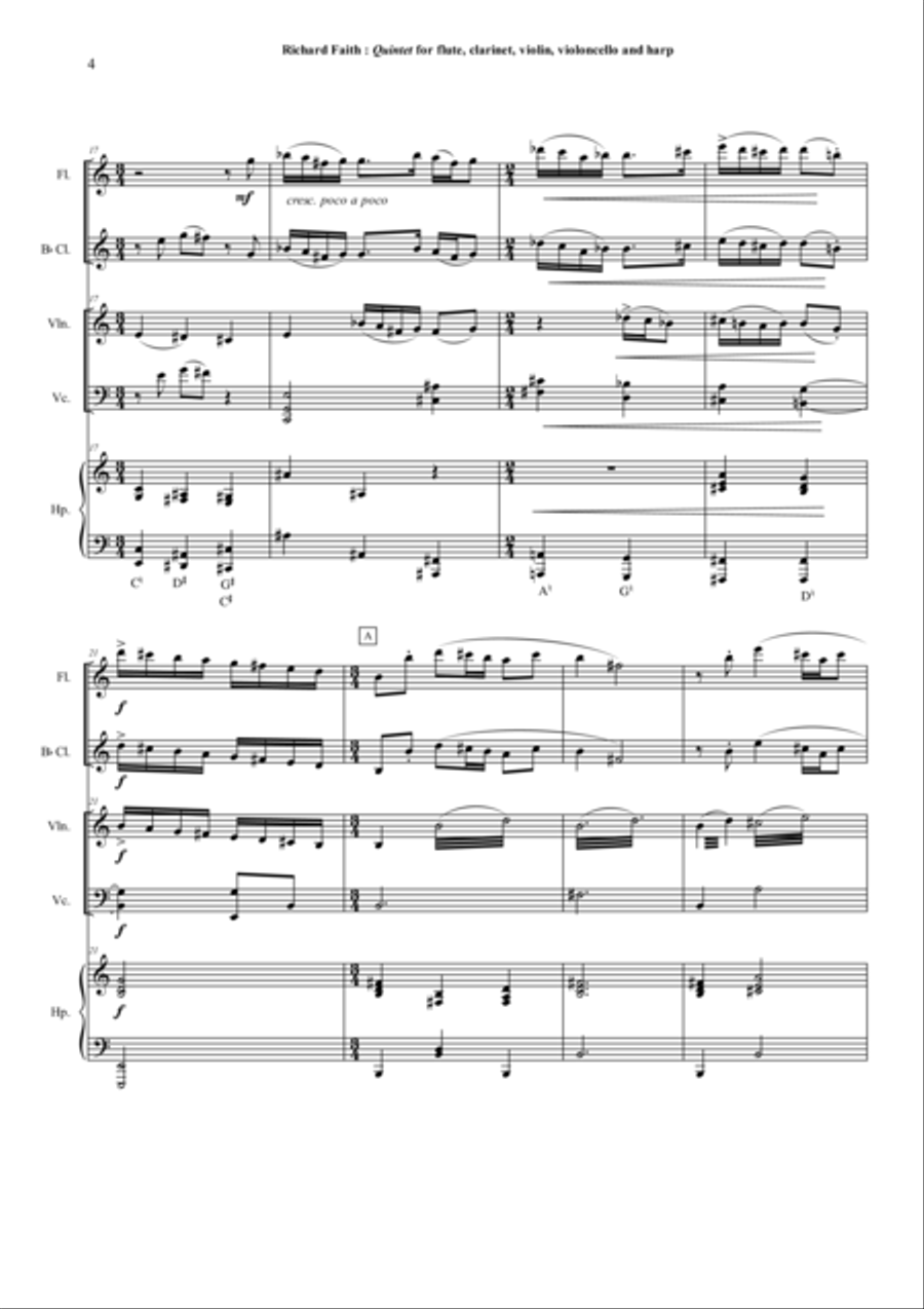 Richard Faith : Quintet for flute, clarinet, violin, violonello and harp, score only Small Ensemble scores gallery preview page 4