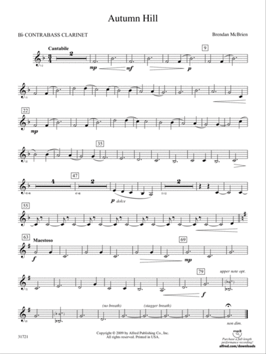 Autumn Hill: (World Part) B-flat Contrabass Clarinet Concert Band scores gallery preview page 1