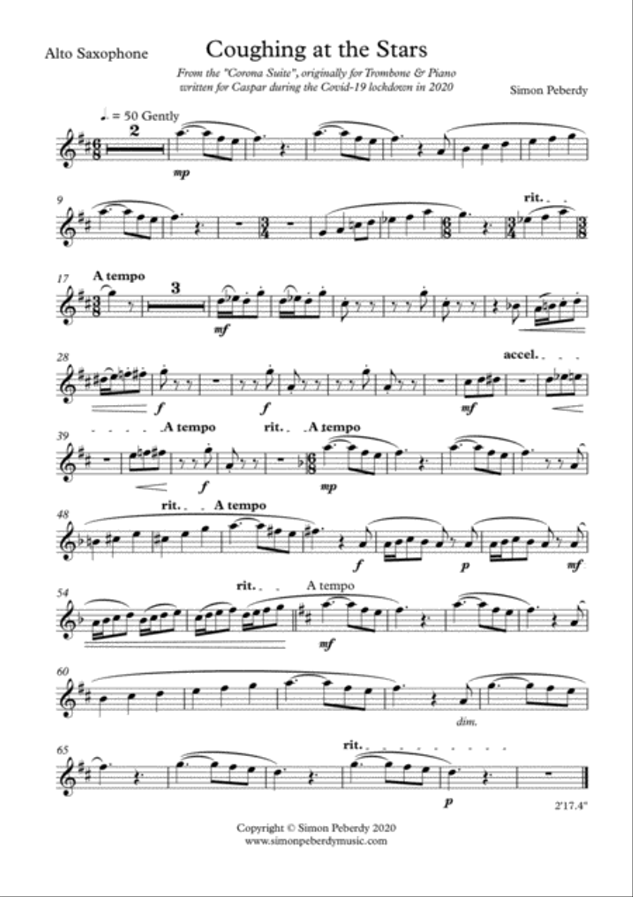 Coughing at the Stars for Alto Sax and Piano from the Corona Suite by Simon Peberdy Alto Saxophone scores gallery preview page 2