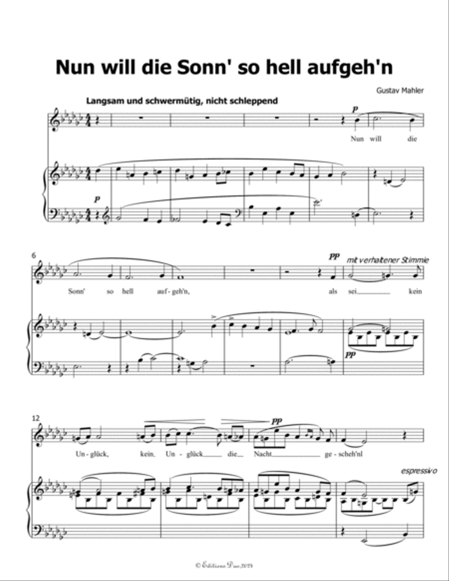 Nun will die Sonn so hell aufgehn, by Mahler, in e flat minor Piano, Vocal scores gallery preview page 3