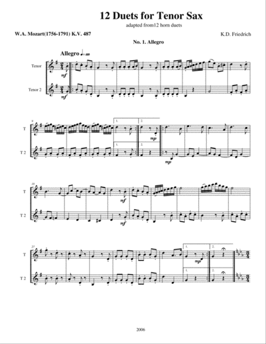 Twelve Duets for Tenor Sax Woodwind Duet scores gallery preview page 1