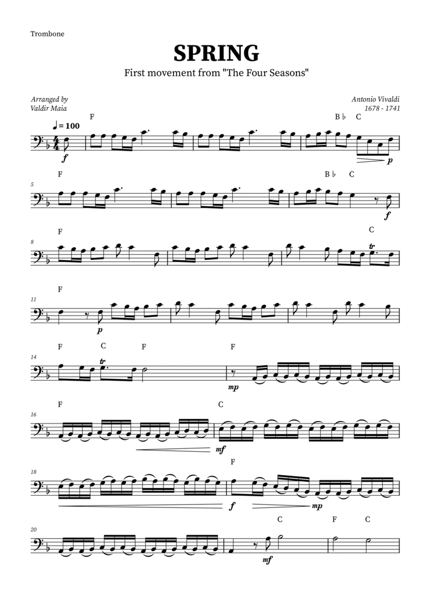 Spring - The Four Seasons for Trombone (+ CHORDS) image number null