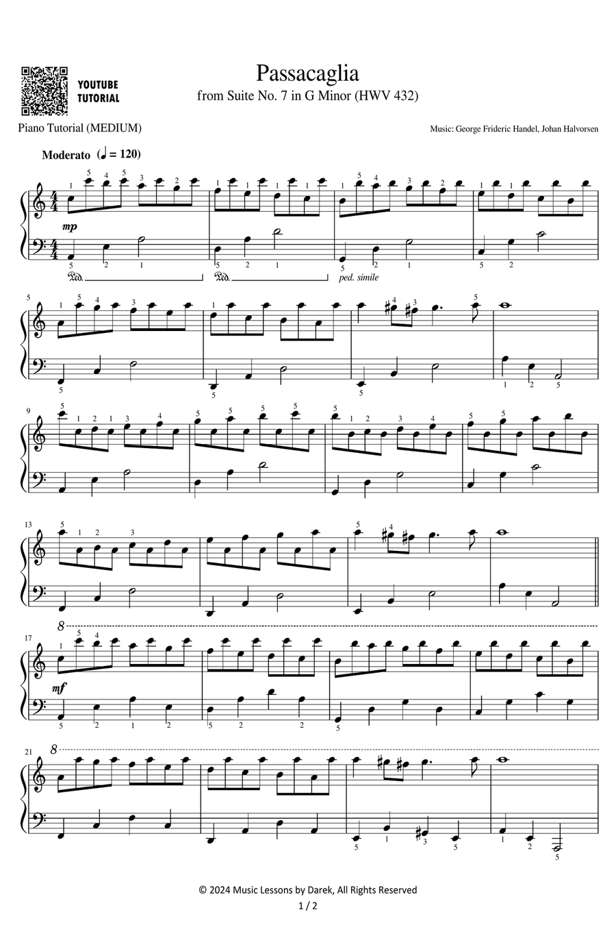Passacaglia from Suite No. 7 in G Minor (HWV 432) [MEDIUM PIANO] (Handel, Halvorsen) Piano Solo scores gallery preview page 1