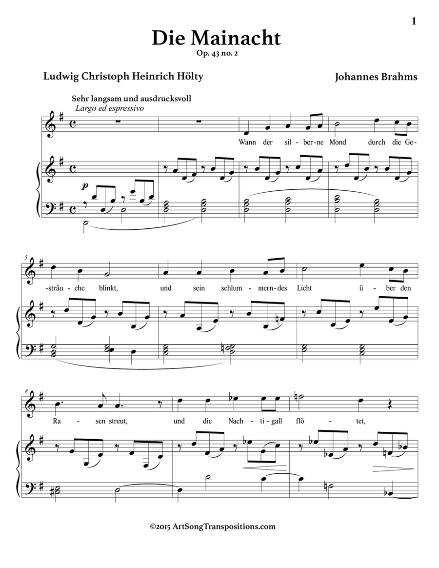 BRAHMS:Die Mainacht, Op. 43 no. 2 (in 9 keys: A-flat, G, F-sharp, F, E, E-flat, D, C-sharp, C major) Piano, Vocal scores gallery preview page 6