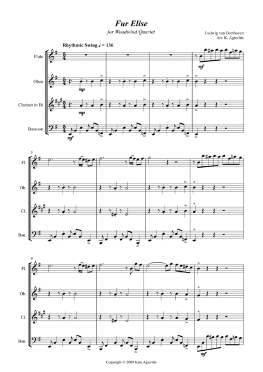 Fur Elise - Jazz Arrangement for Woodwind Quartet image number null