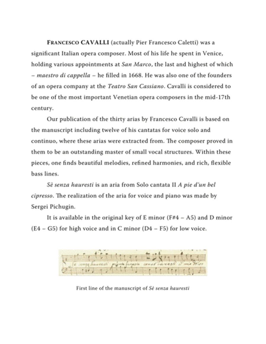 CAVALLI Francesco: Sè senza hauresti, aria from the cantata, arranged for Voice and Piano (C minor) image number null